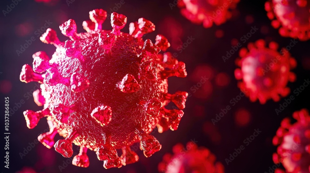Poster close-up view of a red virus, isolated on a dark background, illustrating cellular structures and vi