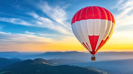 Obraz premium A red and white hot air balloon gracefully soars above the breathtaking Swiss Alps during the enchanting golden hour