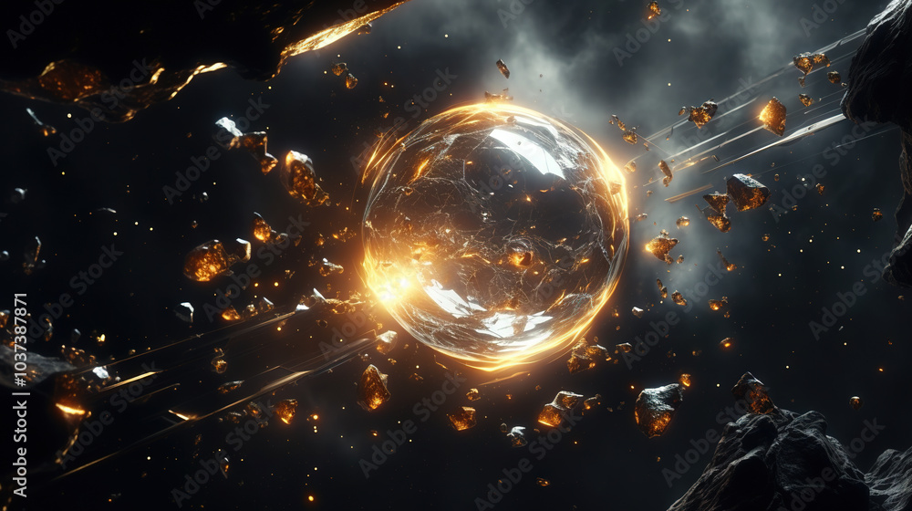 Poster abstract explosion in space with rocks and stones burst in flame, sci-fi and technology background