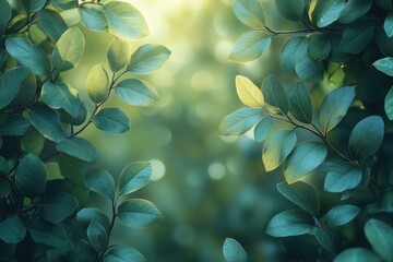 Lush green foliage illuminated by soft sunlight in a serene forest setting
