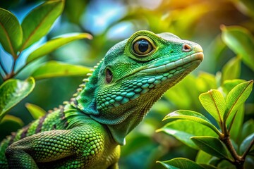 Obraz premium Stunning Double Exposure of a Green Lizard on a Tree with Nature Elements for Wildlife Photography