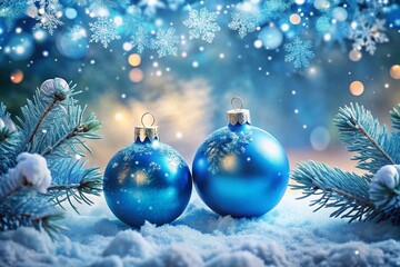Stunning Double Exposure of Blue Christmas Baubles Merging with Winter Wonderland Scenery for Festive Decor