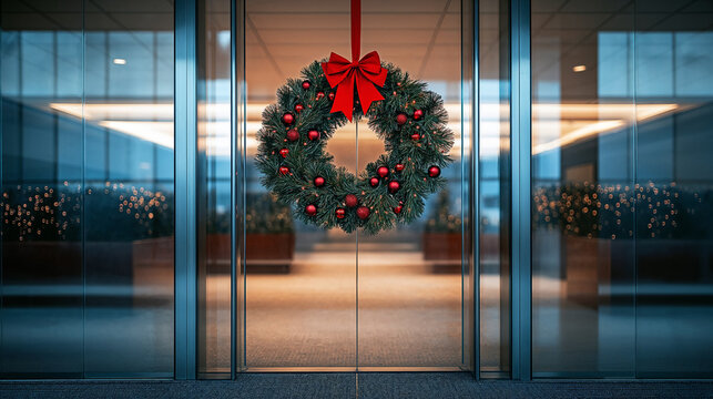 Christmas wreath with fir tree branches and red baubles hanging on the front door of a corporate office building - Powered by Adobe
