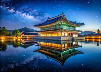 Obraz premium Stunning Drone Photography of a Seoul Palace at Night with Water Reflections