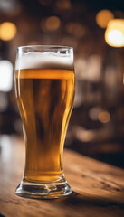 Beer glass on a wooden bar table Blurred background vertical