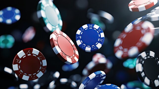 Elegant 3D poker chips falling gracefully on a sleek black background at a virtual casino setting