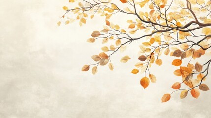Autumn leaves on tree branch against a soft beige background in minimalist style