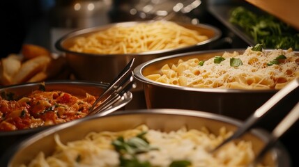 A mouthwatering pasta bar with choices like penne, spaghetti, and rigatoni