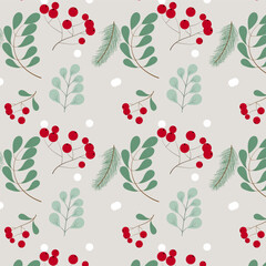 Seamless autumn pattern with leaves, acorns, berries.