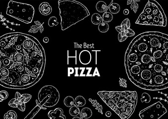 Hand drawn set of pizza. Italian pizza design template. Vector illustration