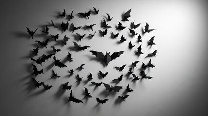 Obraz premium Black paper bats arranged in a circular pattern on a gray background, giving the illusion of bats flying in a spooky formation for Halloween --chaos