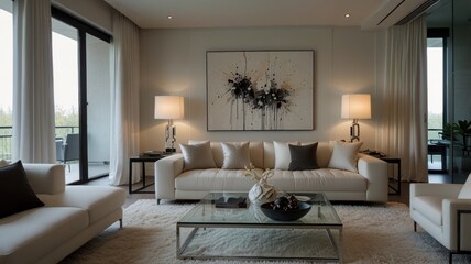 Modern living room with a calm atmosphere bathed in soft natural light. Clean white walls and a plush white sofa create a clean and airy atmosphere.