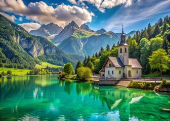 Naklejka premium Stunning Landscape of Lake Roselend with Turquoise Waters and Scenic Church View