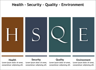 HSQE - Health, Security, Quality, Environment Acronym. Infographic template with icons and description placeholder