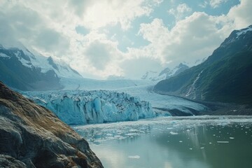 Obraz premium Majestic glacier landscape with serene lake and snowy mountains under cloudy skies