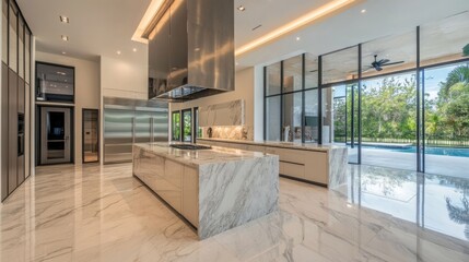 Modern Open Kitchen with Marble and Large Windows