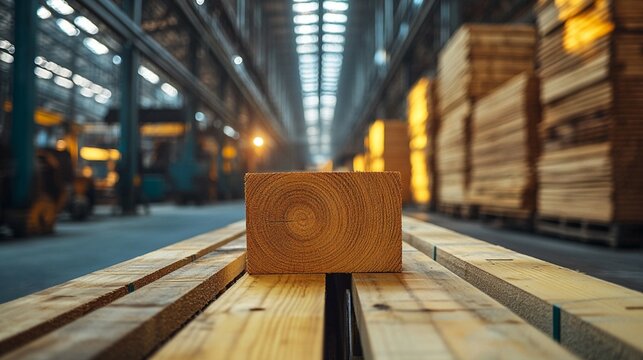 A collection of pine wood planks stacked in a factory, illustrating the organization and modern techniques in timber production.
