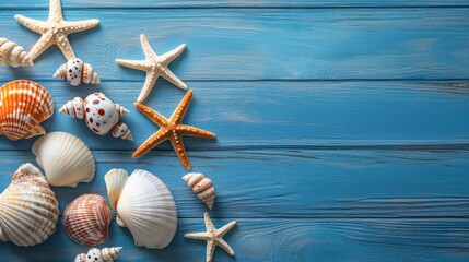 Seashells and Starfish on a Blue Wooden Background with copy space