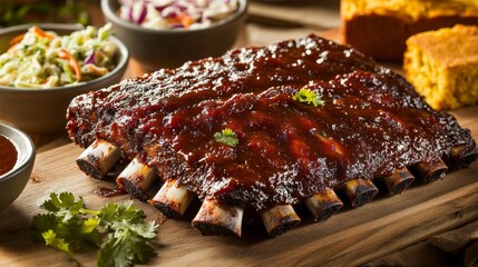 A mouthwatering plate of BBQ ribs smothered in tangy sauce, served with coleslaw and cornbread, Ribs arranged on a wooden cutting board