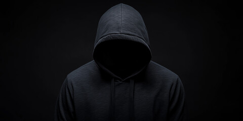 Mysterious faceless figure in a hooded sweatshirt against a dark background, representing anonymity, secrecy, and hacker identity in a shadowy and intimidating visual style