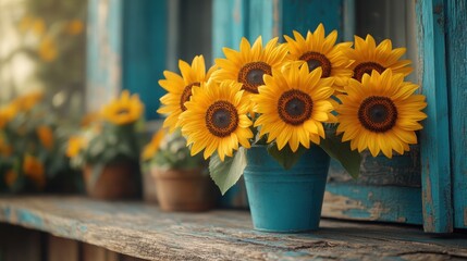Obraz premium Bright Sunflowers on Wooden Background with Copy Space - Perfect for Seasonal Promotions and Nature-Themed Designs