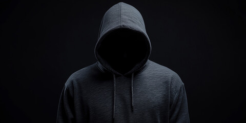 Mysterious faceless figure in a hooded sweatshirt against a dark background, representing anonymity, secrecy, and hacker identity in a shadowy and intimidating visual style