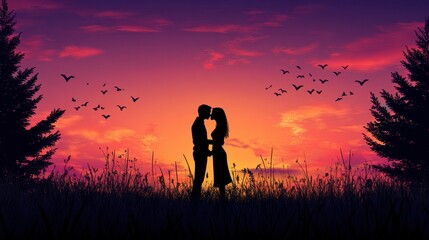 Fototapeta premium silhouette of wedding Couple in love kissing and holding hand together during sunset with evening sky background
