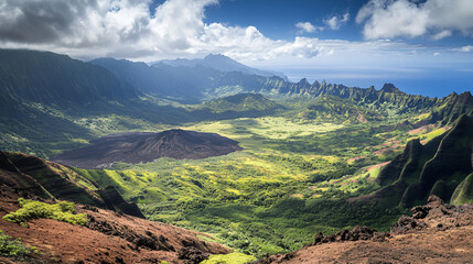 A panoramic view from the summit of a volcano, revealing the surrounding valleys and peaks.