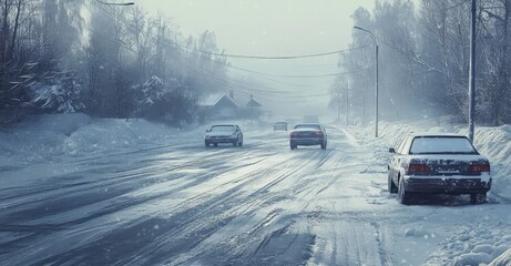 Icy road with snowy cars. AI generated illustration.