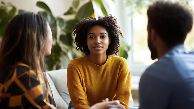 A therapist offering comforting words to a young couple facing each other during a therapy session