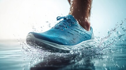 Summer sports eco shoe on the foot of a man in a splash of clear water, waterproof material