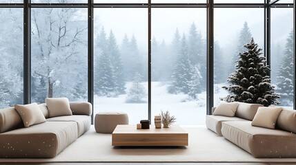 A contemporary living room with expansive windows, winter-themed sofas, a simple wooden coffee table, and minimalist decoration accents.