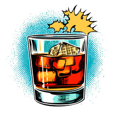 Classic Whiskey On The Rocks Glass With Ice Cubes Retro Style Illustration For Vintage Bar And Drink Art, Cutout, Isolated on Transparent PNG/White 