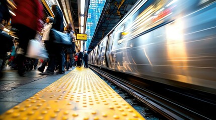 A dynamic subway train rushes into the station, capturing the essence of fast-paced city life, perfect for enhancing blogs, websites, and social media content with urban energy.