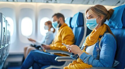 Naklejka premium Passengers on an airplane wearing face masks to ensure health safety and prevent the spread of illness during their travels amid the ongoing pandemic situation.