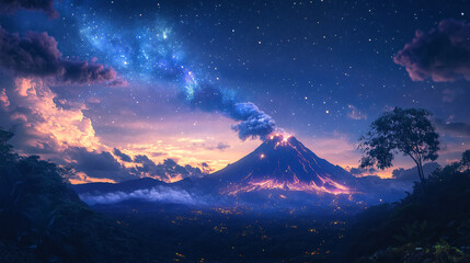 A night sky filled with stars above an active volcano, creating a magical scene.