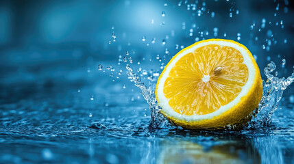 Half a lemon being submerged in water with a big splash, surrounded by droplets, capturing the lively motion and freshness of citrus --chaos