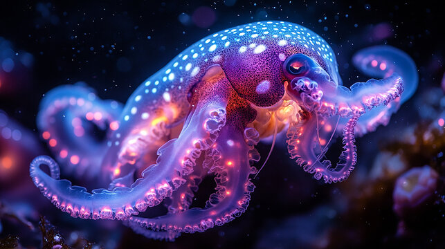A glowing, colorful, small octopus-like creature with many tentacles. Bright lights and sparkles surround it.