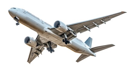 Close-up of the engines and wings of an airplane in flight, isolated on a white background