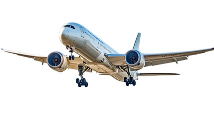 Large passenger jet airplane in a banking turn, isolated on a plain white background