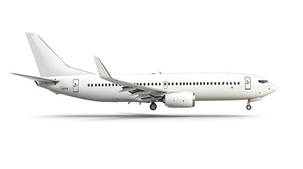 Side profile of a large passenger airplane flying with a clear white background, creating a clean and modern look
