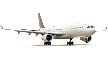 Obraz premium Side view of a commercial jet airplane with extended wings, isolated on a white background