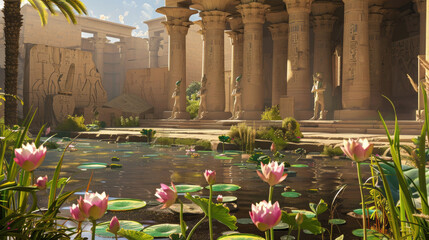 Ancient Egyptian Temple with Lotus Flowers and Hieroglyphics in a Serene Water Garden Under a Clear Blue Sky