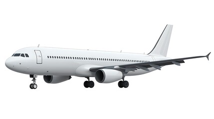 Side view of a commercial jet airplane with extended wings, isolated on a white background