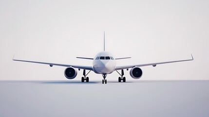 Three-dimensional render of a commercial airplane, isolated against a white background with subtle shading