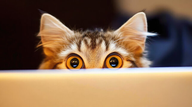 Mischievous cat peeking over the top of a laptop screen, like it's spying on someone's work. --chaos