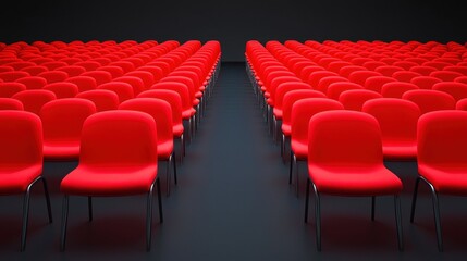 Obraz premium Rows of red chairs arranged in a conference hall, creating a vibrant and inviting atmosphere for meetings and events.