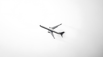 Airplane mid-flight, positioned diagonally across the frame, against a white background for a dynamic composition