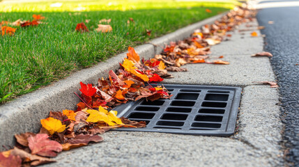 Outdoor street drain with fallen leaves around it, suggesting autumn or drainage system maintenance in a city setting, evoking urban life --chaos