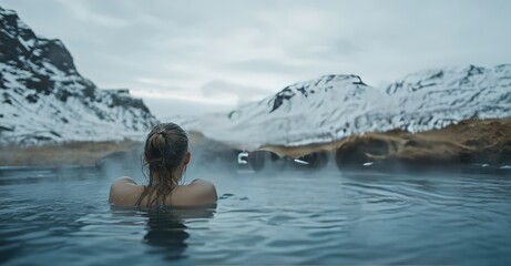 Fototapeta premium Girl Bathing in Hot Spring with Mountain View. AI generated illustration.